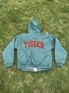 Vintage Disney Store Tigger Jacket Sz Large Green Hooded Lined Spellout READ